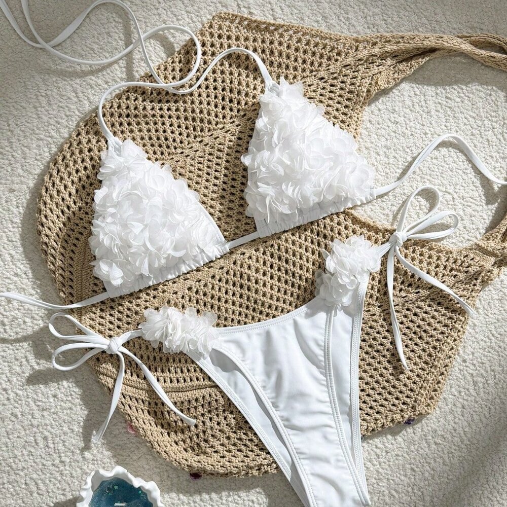 White Cute Women's Halter Spaghetti Strap Floral Decor